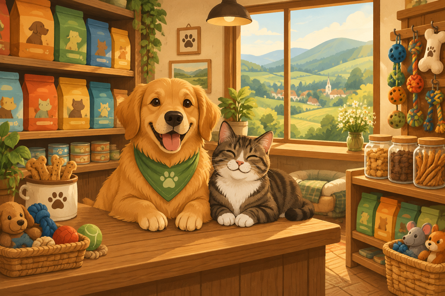 Happy dog and cat with pet supplies from Thunder Valley Pet Suppy